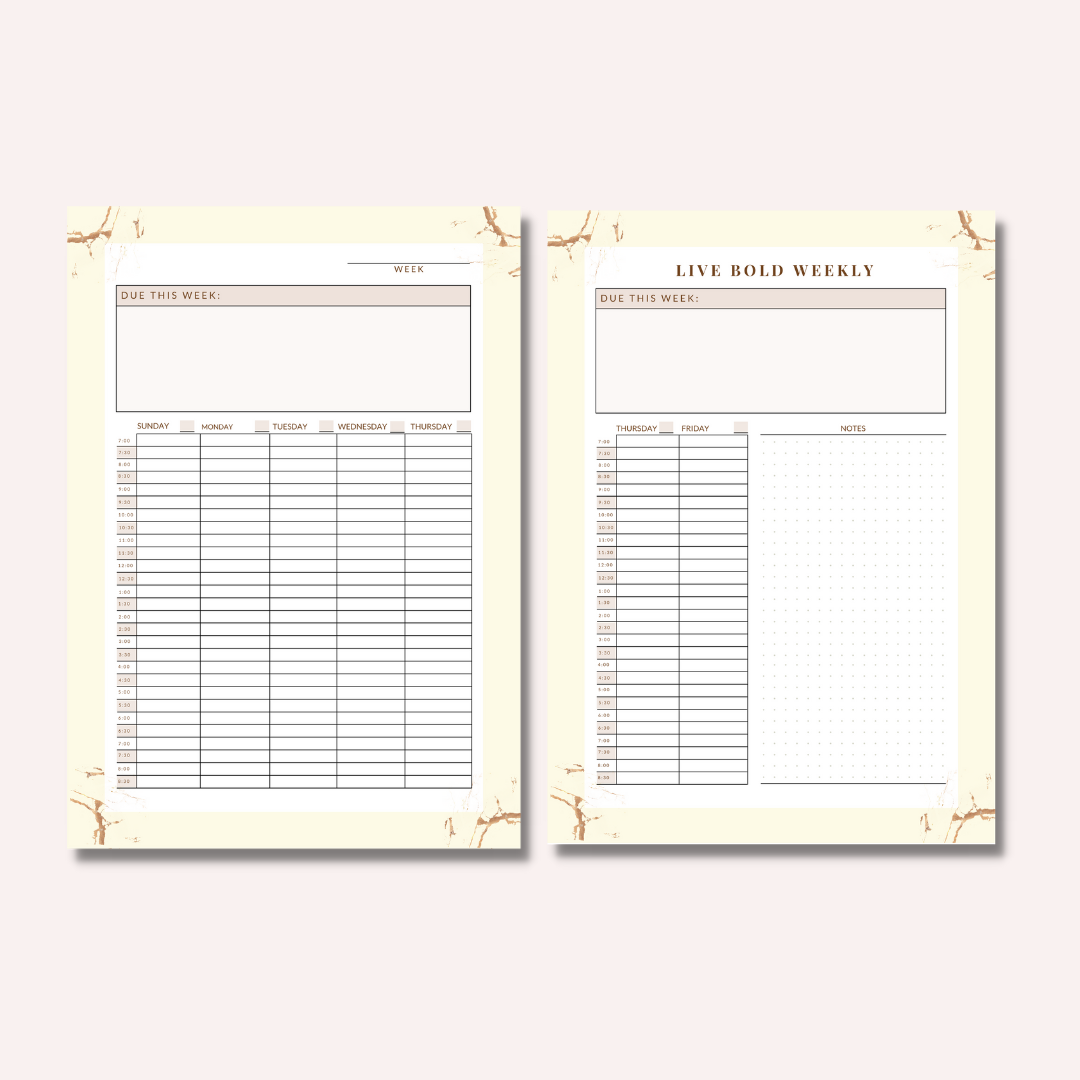 Inside Student Planner: Undated Hourly Weekly Spread with Notes
