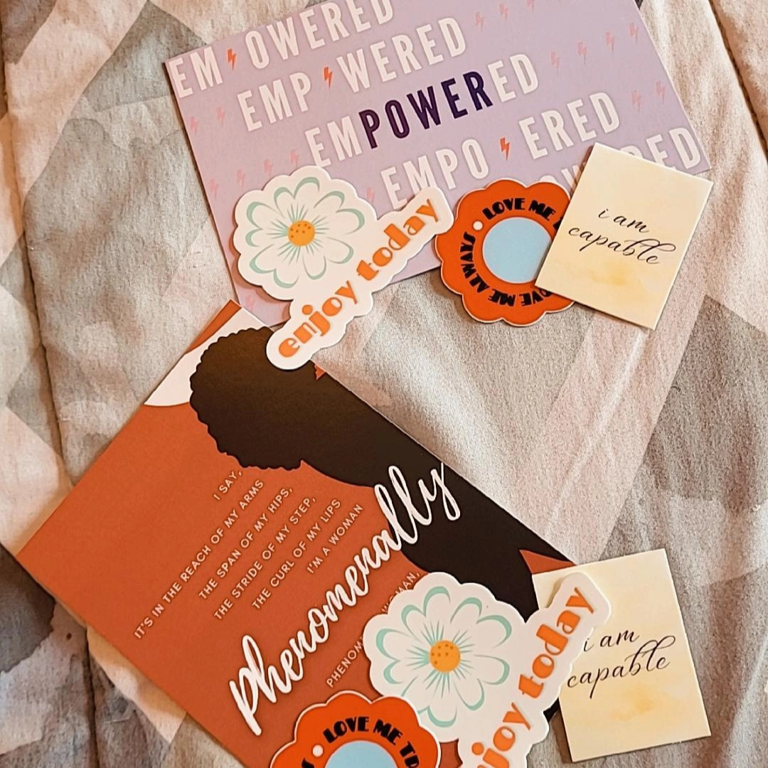 Motivational Pack includes empowered or phenomenal print, enjoy today, love me flowers, and freebie sticker
